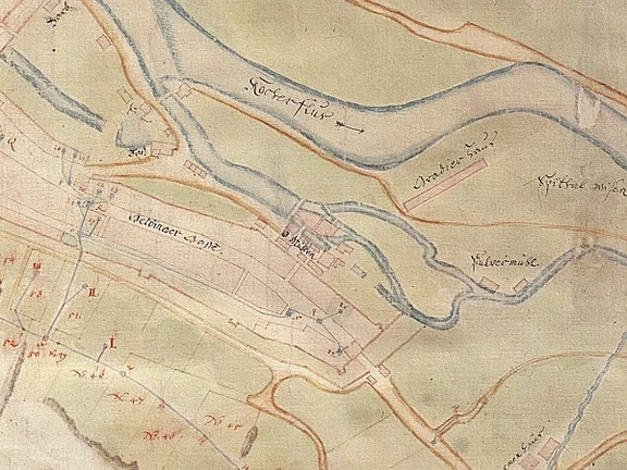 Ausschnitt aus dem - nicht genordeten - Schwäbisch Haller Wasserleitungsplan von 1740 (StadtA Schwäb. Hall 16/46)