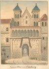 Inneres Tor der Comburg mit romanischen Arkaden. Kolorierte Zeichnung von Peter Koch, 1871 (StadtA Schwäb. Hall S10/317)