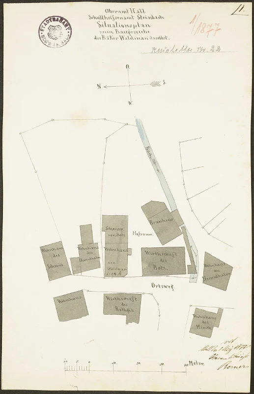 „Situationsplan“ zum Baugesuch des Bäckers Johann Waldmann für einen Backofen im Erdgeschoss, 1877 (Stadt Schwäb. Hall, Baurechtsamt, Bauakten Neustetterstraße 20)