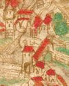 Turm und Steg auf einer Stadtansicht um 1600. Erkennbar ist die sich links fortsetzende Stadtmauer, auf dem Unterwöhrd befindet sich noch das 1662 abgerissene Unterwöhrdbad. Kolorierte Federzeichnung aus einer Haller Chronik um 1600 (StadtA Schwäb. Hall 4/4 Bl. 2)