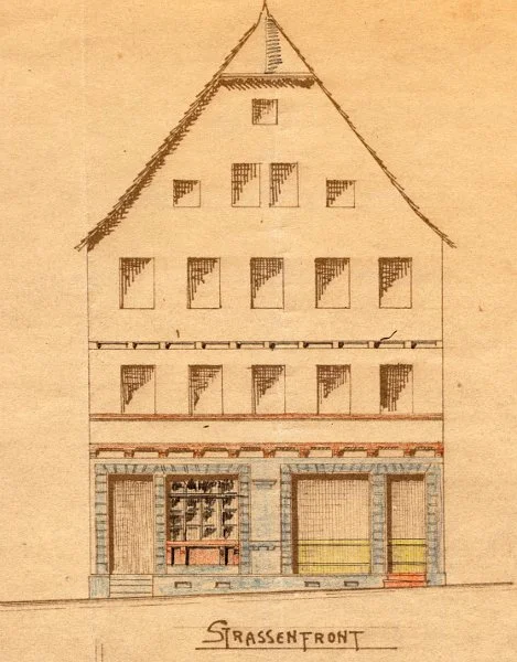 Ansicht der Fassade zu geplanten Umbauten im Erdgeschoss, 1908 (Baurechtsamt Schwäbisch Hall, Bauakten Gelbinger Gasse 16)