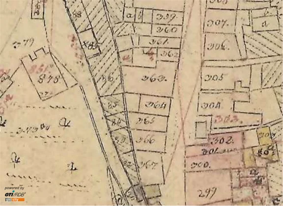 Ausschnitt aus dem Primärkataster von 1827. Das Anwesen hat die Nummer „364“ (Plan: GIS-City Schwäbisch Hall / Stadt Schwäbisch Hall, Fachbereich Planen und Bauen, Abteilung Vermessung).