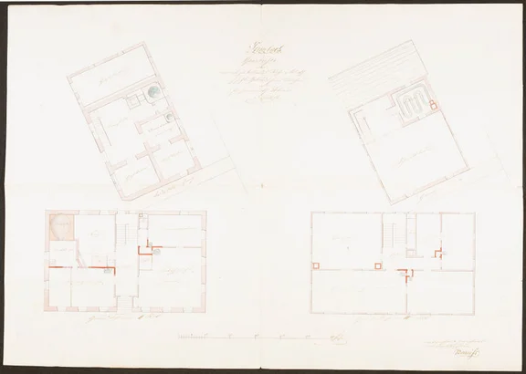 Grundrisse des Erdgeschosses und I. Stocks  für den 1850 geplanten Neubau der Einhornwirtschaft und der dahinter gelegenen Brauerei. Beim Hauptgebäude befindet sich in der nordwestlichen Hausecke (links oben) ein Backofen, im Brauereigebäude ein Braukessel und eine Branntweinbrennerei. Bei der spiralförmigen Einrichtung im I. Stock der Brauerei handet es sich um eine Malzdarrre. Die eigentliche Wirtschaftsstube befand sich im Erdgeschoss des Haupthauses rechts (links gab es eine Backstube, die Küche sowie die „Wohngelasse“ der Wirtsfamilie), im I. Stock lagen ein Tanzsaal sowie Gästezimmer (Stadt Schwäb. Hall, Baurechtsamt, Bauakten Neustetterstraße 20)