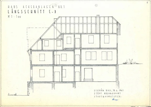Schnitt durch das geplante, aber nicht verwirklichten Jugendhauses, 1961 (StadtA SHA 27/371)
