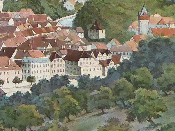 Ausschnitt aus einer gedruckten Stadtansicht aus dem Jahr 1895 von E. Hochdanz nach einem Gemälde von F. Romfort, Verlag von Hobbing & Büchle, Stuttgart (StadtA Schwäb. Hall S10/790)