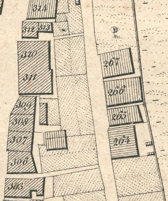 Ausschnitt aus dem Primärkataster von 1827. Das Gebäude ist rechts in der Mitte mit der PKN  266 zu erkennen (StadtA SHA S13/0686)
