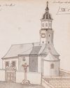 Weitere Ansicht von St. Johannes, vermutlich Duplikat der Zeichnung zur Pfarrbeschreibung von 1824 (StadtA Schwäb. Hall Z01/A 273)