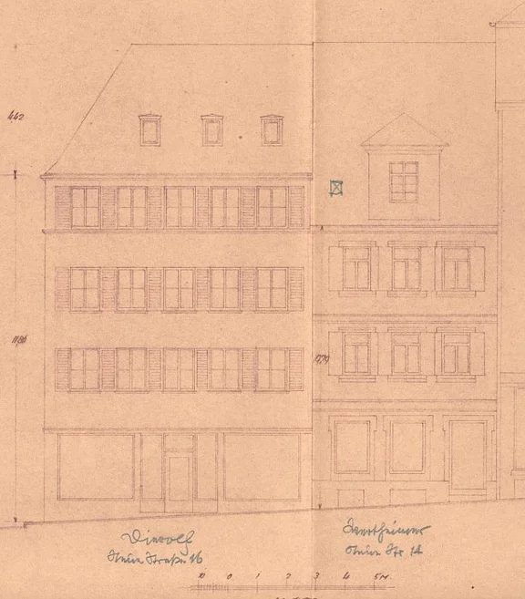 Fassade des Neubaus zur Neuen Straße, korrigierter Plan von 1935 (Baurechtsamt SHA, Bauakten)