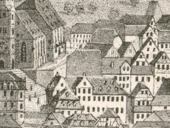 Ausschnitt aus der Stadtansicht von Wilhelm Haaf nach F. Bonhöfer, um 1850. Das Dach des Hauses ragt über die Umgebung hinaus (StadtA SHA S10/0712)