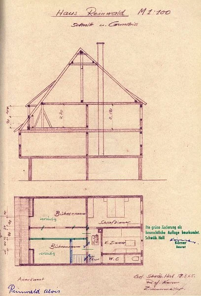 Schnittzeichnung zum Einbau einer Dachgaube auf der Straßenseite, 1965 (Baurechtsamt Schwäb. Hall)