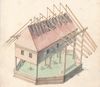 Das große Schöpfwerk von 1716. Auf acht Holzpfeilern stand ein über Leitern zugänglicher, verbretterter Fachwerkbau, in dem die Schöpfknechte auf zwei Bretterbühnen die zwölf Schöpfgalgen bediente. Die vollen „Gölten“ (Eimer) entleerten sie in Holzrinnen, in denen die Sole in die Haalhäuser zum Versieden geleitet wurde (StadtA Schwäb. Hall HA A 329)