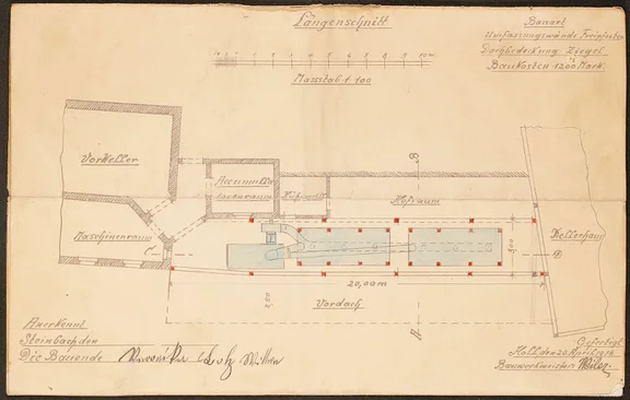 Hinter dem Bau von 1911 entsteht 1913 eine mit einer Dampfmaschine angetriebene „Dörranlage mit Schuppen“. Der eingereichte Plan zeigt die beachtliche Größe der Maschine (Stadt Schwäb. Hall, Baurechtsamt, Bauakten Neustetterstraße 20)
