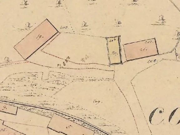 Ausschnitt aus dem Primärkataster 1827-1830; am Standort des 1851/52 eingerichteten Invalidenfriedhofs befand sich damals noch eine Zehntscheuer des Ritterstifts Comburg (Plan: Geodatenportal Schwäbisch Hall /  Stadt Schwäbisch Hall, Fachbereich Planen und Bauen, Abteilung Vermessung).