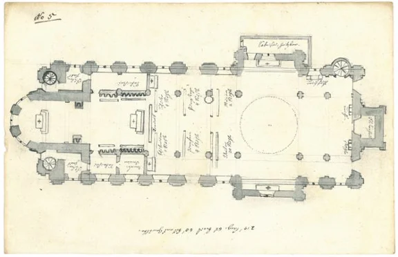 Grundriss der Stiftskirche aus dem Pfarrbericht der katholischen Pfarrei Steinbach von 1824 (StadtA Schwäb. Hall Z01/A0034, Beil. 05)