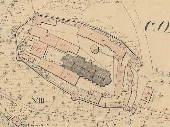 Grundriss der Comburg aus dem Primärkataster von 1827-1828 (Plan: Geodatenportal Schwäbisch Hall / Stadt Schwäbisch Hall, Fachbereich Planen und Bauen, Abteilung Vermessung).