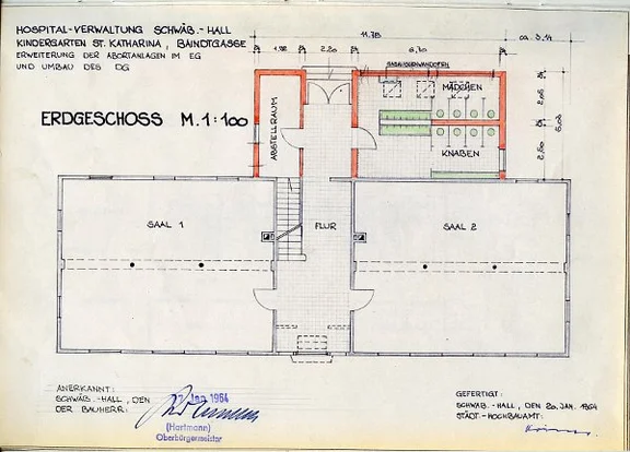 Plan zu Umbauten im Ergeschoss (Abortanbau), 1964 (StadtA SHA 27/0112)