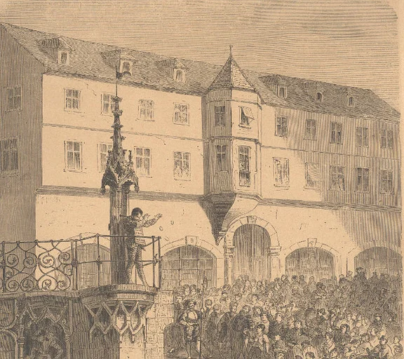 Ausschnitt aus dem Holzstich „Die Schandbühne in Schwäbisch Hall“ nach Friedrich Ortlieb, 1867, eine historisierende Szene, die aber den Baubestand des 19. Jahrhunderts zeigt (StadtA Schwäb. Hall S19/0553)