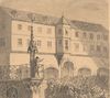 Ausschnitt aus dem Holzstich „Die Schandbühne in Schwäbisch Hall“ nach Friedrich Ortlieb, 1867, eine historisierende Szene, die aber den Baubestand des 19. Jahrhunderts zeigt (StadtA Schwäb. Hall S19/0553)