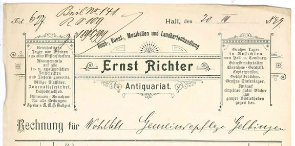 Briefkopf der mittlerweile im Haus ansässigen „Buch-, Kunst- Musikalien- und Landkartenhandlung“ mit Antiquariat von Ernst Richter, 1898 (StadtA Schwäb. Hall 61/1788)