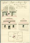 Ansichten, Grundriss und Schnitt (mit Darstellung der Dachstuhlkonstruktion) eines Entwurfs für das Wachhaus, um 1783 (StadtA Schwäb. Hall 5/1804)