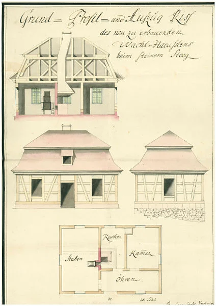 Ansichten, Grundriss und Schnitt (mit Darstellung der Dachstuhlkonstruktion) eines Entwurfs für das Wachhaus, um 1783 (StadtA Schwäb. Hall 5/1804)