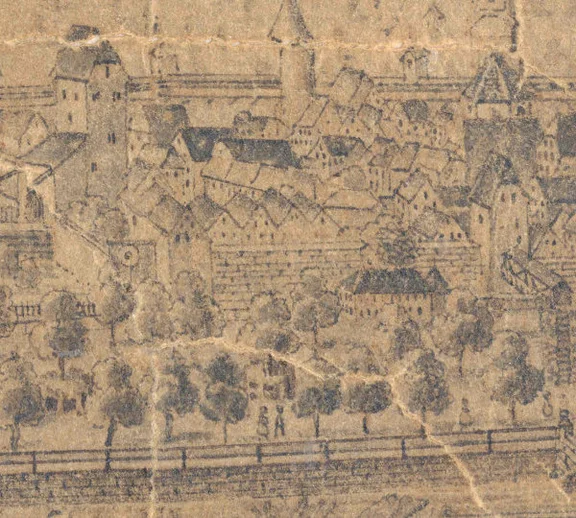 Ausschnitt aus einer Vignette zur Stadtansicht von Johann Conrad Körner. Lavierte Tuschzeichnung von 1755. Auf der anderen Kocherseite ist hier unterhalb des Riedener Tors die Scheibe erkennbar, auf die von der Schießhütte aus über den Kocher hinweg geschossen wurde (StadtA Schwäb. Hall S10/791)