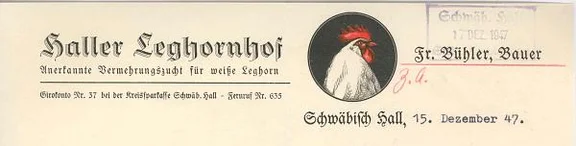 Briefkopf des Leghornhofs von 1947 (StadtA SHA 27/329)
