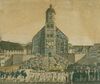 Feierliche Einholung des ersten Erntewagens nach der Hungersnot 1816/1817, kolorierte zeitgenössische Federzeichnung (StadtA Schwäb. Hall S10/713)