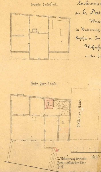 Grundriss von Dachstock und Parterre zu den Umbauten von 1884 (Baurechtsamt Schwäb. Hall, Bauakten)