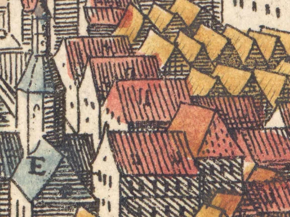 Ausschnitt aus der Stadtansicht von Matthäus Merian nach Leonhard Kern, 1643. Das Haus ist in der Bildmitte erkennbar, oberhalb der Bauten des ehemaligen Franziskanerklosters (StadtA SHA S10/0506)