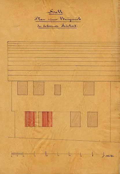 Seitenansicht von der Glockengasse her, zu einem Baugesuch des Schreiners Rückert für Veränderungen im Erdgeschoss, 1872 (Baurechtsamt, Bauakten Lange Straße 21)