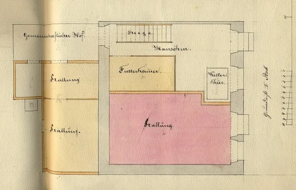 Grundriss des 1. Stocks (= Erdgeschosses) in einem Teilungsplan der Hausbesitzer Johann Kraft  (gelb) und Johann Hornung (rot), 1869 (StadtA Schwäb. Hall  19/1064 Beil. 20)