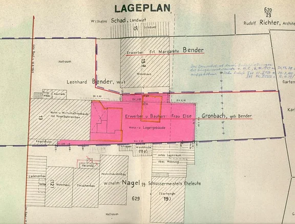 Lageplan zu rückwärtigen Anbauten, 1958 (Baurechtsamt SHA, Bauakten Langer Graben 13 und 13/1)