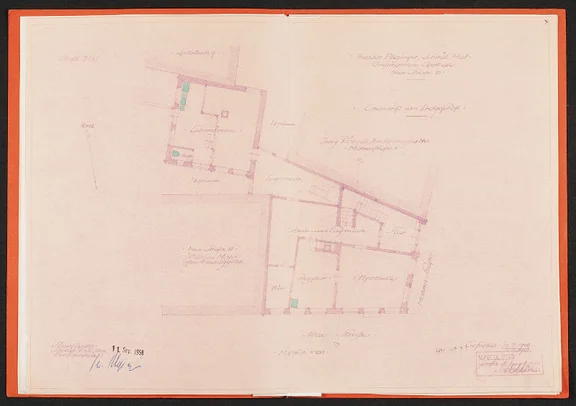 Plan des Erdgeschosses zum Anschluss des Gebäudes an das städtische Dolennetz, 1958 (Stadt Schwäbisch Hall, Baurechtsamt, Bauakten Neue Straße 10)