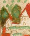Ausschnitt aus einer kolorierten Federzeichnung von Unterlimpurg in einer Haller Chronik, um 1600.  Das Haus liegt links neben dem heutigen Haus Nr. 5 (StadtA SHA 4/4. Bl. 10)