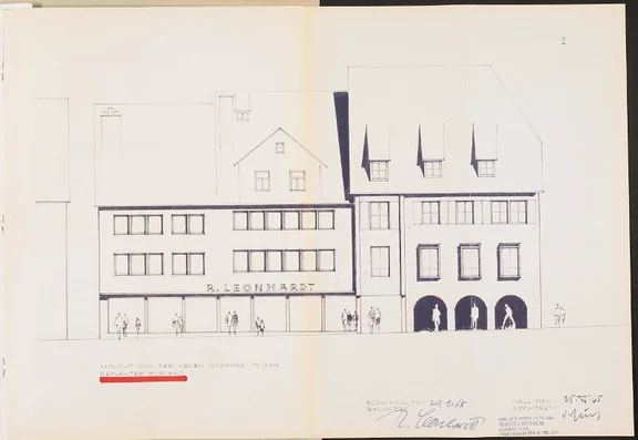 Die 1965 durchgeführten Umbauten der Ladenflächen im Erdgeschoss betrafen vor allem die Häuser Nr. 29 und 31; Nr. 33 erhielt in diesem Zusammenhang jedoch den dritten Arkadenbogen. Ansicht der Nordfassade zur neuen Straße (Stadt Schwäb. Hall, Baurechtsamt, Bauakten Neue Straße 29-33)