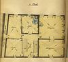 Grundriss des I. Stocks für einen Teilungsplan zwischen den Hausbesitzern Georg Schramm (rot), Georg Melchior Rupp (gelb) und Friedrich Bauer (grün), 1897 (gemeinschaftlicher Besitz: blau) (StadtA SHA 19/1061, Beil. 18)