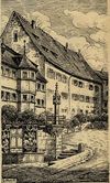 Federzeichung von Gottfried Schmidt für den um 1916 gedruckten Prospekt „Ein Gang durch Schwäbisch Hall“ (StadtA Schwäb. Hall StA So 9122)
