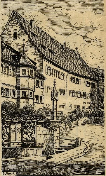 Federzeichung von Gottfried Schmidt für den um 1916 gedruckten Prospekt „Ein Gang durch Schwäbisch Hall“ (StadtA Schwäb. Hall StA So 9122)