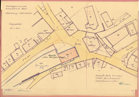 Lageplan zum Einbau von Wohnungen durch die Hospitalstiftung, 1953 (Stadt Schwäb. Hall, Baurechtsamt, Bauakten Hessentaler Straße 9)