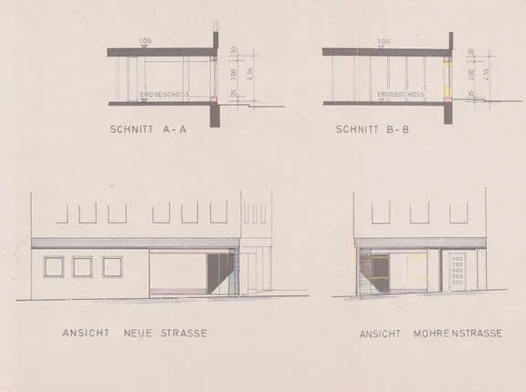Plan zu weiteren Umbauten der Ladenräume, 1971. Das Erdgeschoss erhielt damals im wesentlichen sein heutiges (Stand 2021) Aussehen (Stadt Schwäbisch Hall, Baurechtsamt, Bauakten Neue Straße 10)