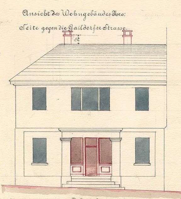 Erweiterung des Hauses 1880: Ansicht der Seite zur Bahnhofstraße. (Baurechtsamt SHA, Bauakten Bahnhofstraße 12)