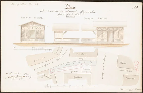 Einhornwirt Friedrich Jäkle ließ 1870 eine teilweise über den Bach ragende Kegelbahn hinter dem Hauptgebäude erstellen (Stadt Schwäb. Hall, Baurechtsamt, Bauakten Neustetterstraße 20)
