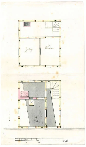 Weitere Grundrisse für einen weiteren, rechteckigen Entwurf, die untere Zeichnung zeigt die Lage auf dem verlängerten Brückenpfeiler, um 1783 (StadtA Schwäb. Hall 5/1804)
