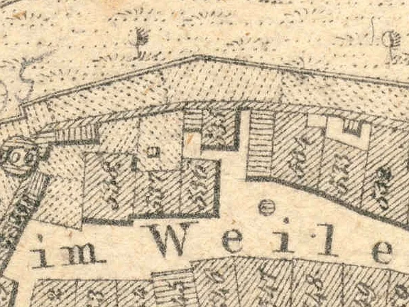Ausschnitt aus dem Primärkataster  von 1827. Das mit der Nummer 536 bezeichnete Gebäude ist in der Bildmitte in der oberen Häuserzeile links der Lücke zu erkennen (StadtA SHA S13/0583)
