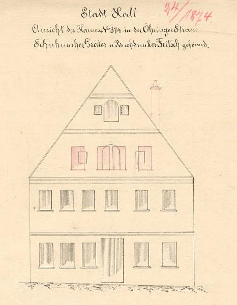 Ansicht der Fassade zum Umbau des 2. Obergeschosses, 1874 (Baurechtsamt Schwäb. Hall, Bauakten Gelbinger Gasse 27)