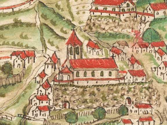 Ausschnitt aus einer Ansicht der Comburg mit Steinbach in einer illustrierten Handschrift einer Haller Chronik um 1600, kolorierte Federzeichnung (StadtA Schwäb. Hall 4/4, Bl. 83r)