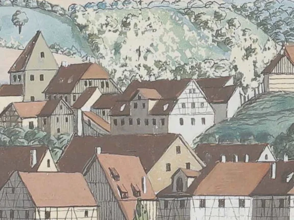 Ausschnitt aus einer Gouache von C. Gebriel mit einer Ansicht von Comburg und Steinbach zwischen 1809 und 1814. Bei dem heutigen Haus Im Stöckle 10 (bzw. seinem Vorgängerbau) handelt es sich vermutlich um das zweite Haus rechts des Comburger Tors bzw. Kanzlistenturms. Der helle Giebel ist teilweise durch das Nachbarhaus Nr. 8 verdeckt (StadtA Schwäb. Hall S10/811)