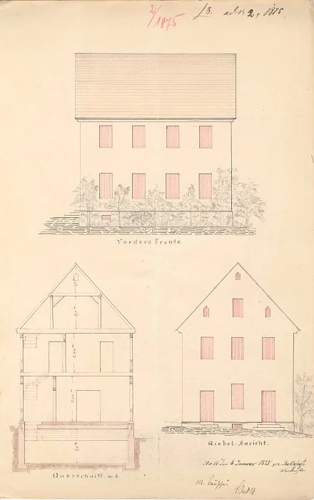 Ansichten zum Bau des Wirtschafts- und Wohngebäudes durch Heinrich Weber, 1875 (Baurechtsamt SHA, Bauakten Langer Graben 13 und 13/1)