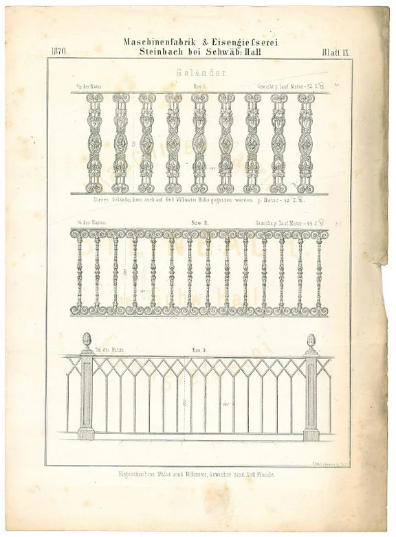 Fragment eines Produktkatalogs der Firma Waelde, Kade & Erath von 1870: „Blatt IX“ mit weiteren gusseisernen Geländern (StadtA Schwäb. Hall R116/7)